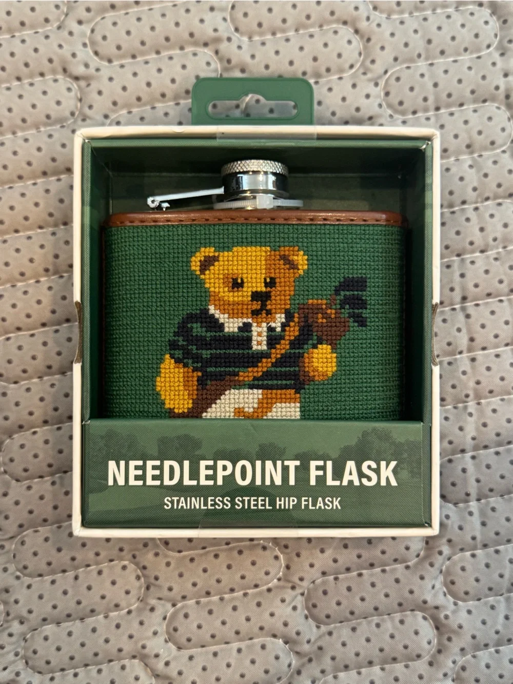 Green Needlepoint Bear Stainless Steel Money Clip Flask